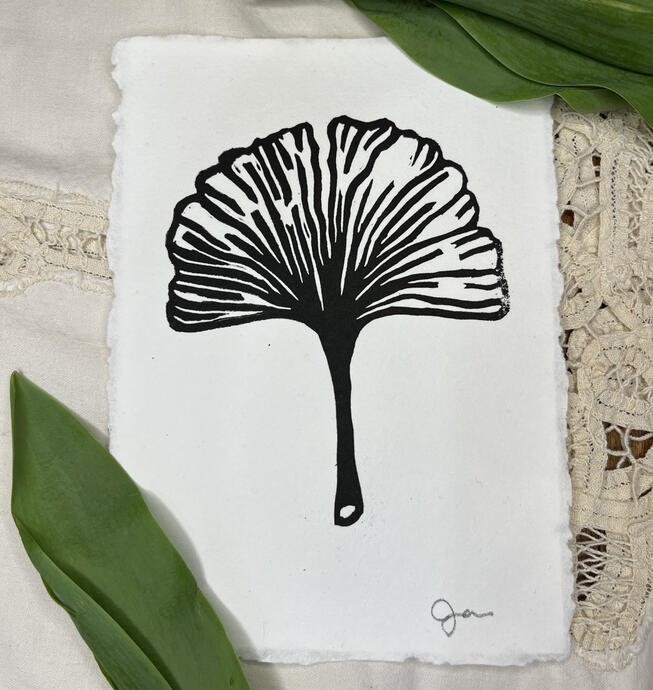 Ginkgo, linoprint on handmade watercolor paper