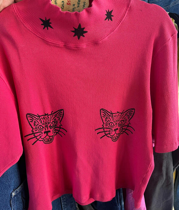 Meow, linoprinted upcycled shirt