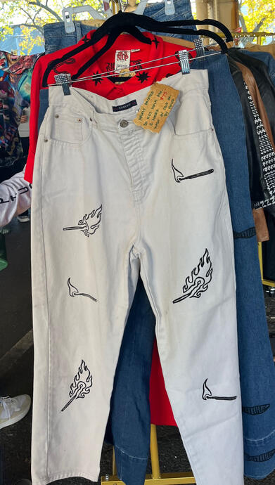 Liar Liar Pants on Fire, linoprint on denim