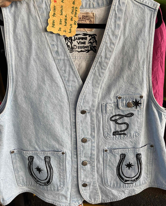 Yeehaw Vest, linoprint on denim