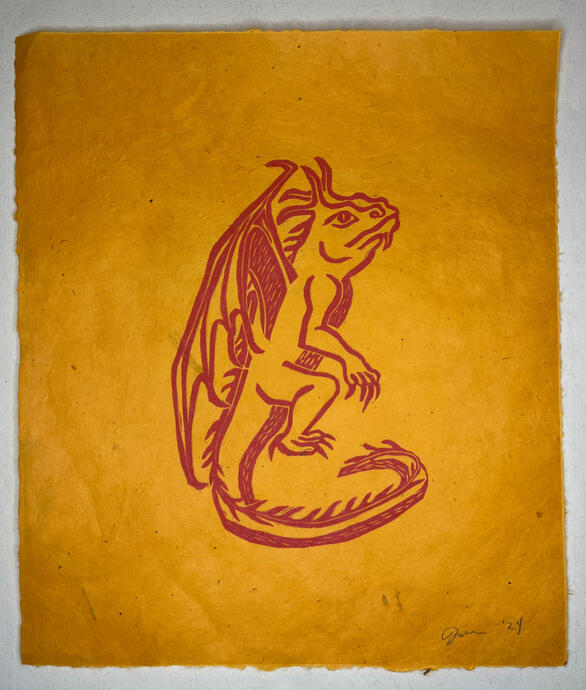 Dragon, linoprint on lokta paper