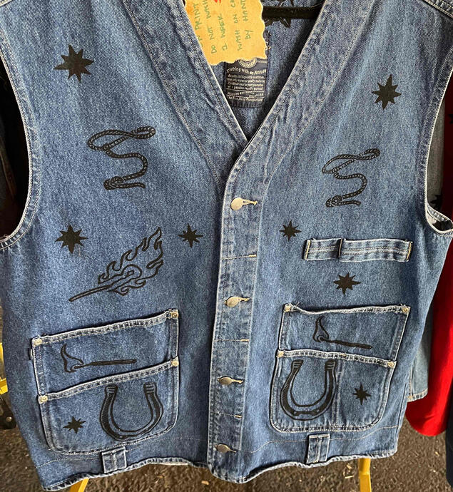 Western Vest, linoprint on denim
