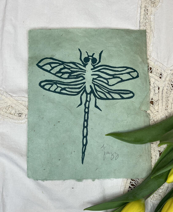 Dragonfly, linoprint on lokta paper