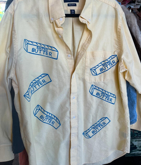 Salted Butter Shirt, linoprint on upcycled shirt