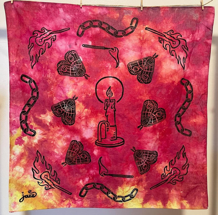 Moth to a Flame Bandana, linoprint on handmade-dyed cotton