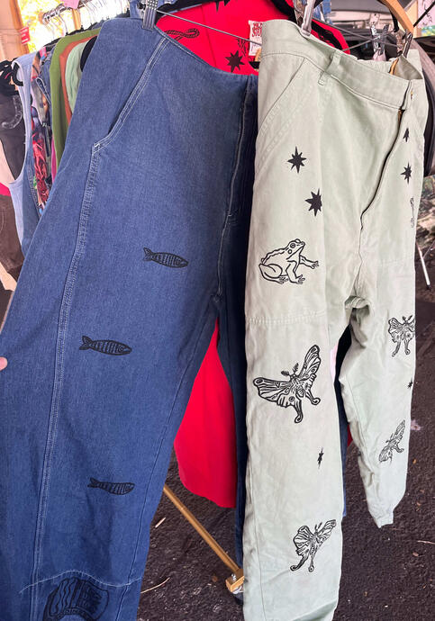 Assorted Pants, linoprinted upcycled denim