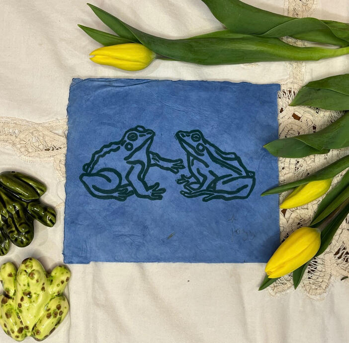 Frog Love, linoprint on lokta paper