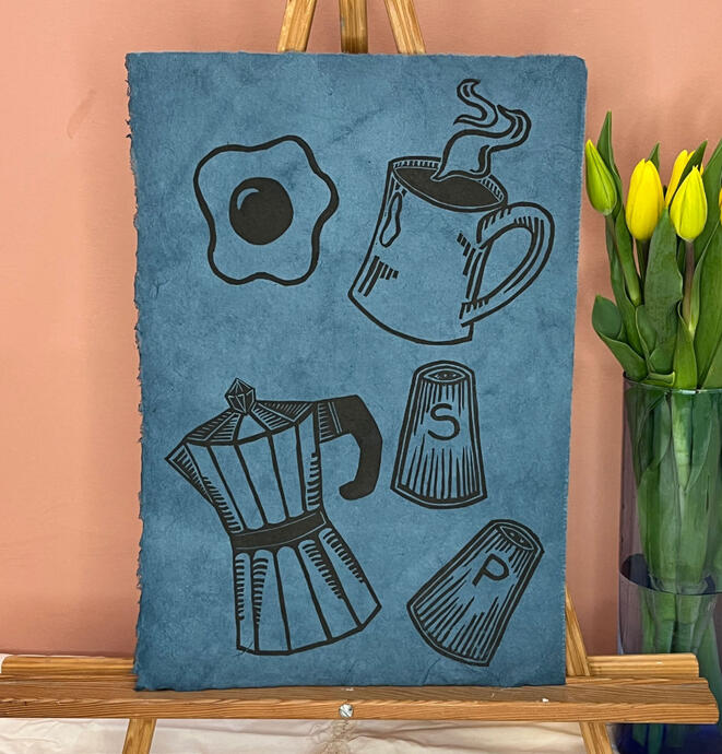 Breakfast in Blue, linoprint on lokta paper