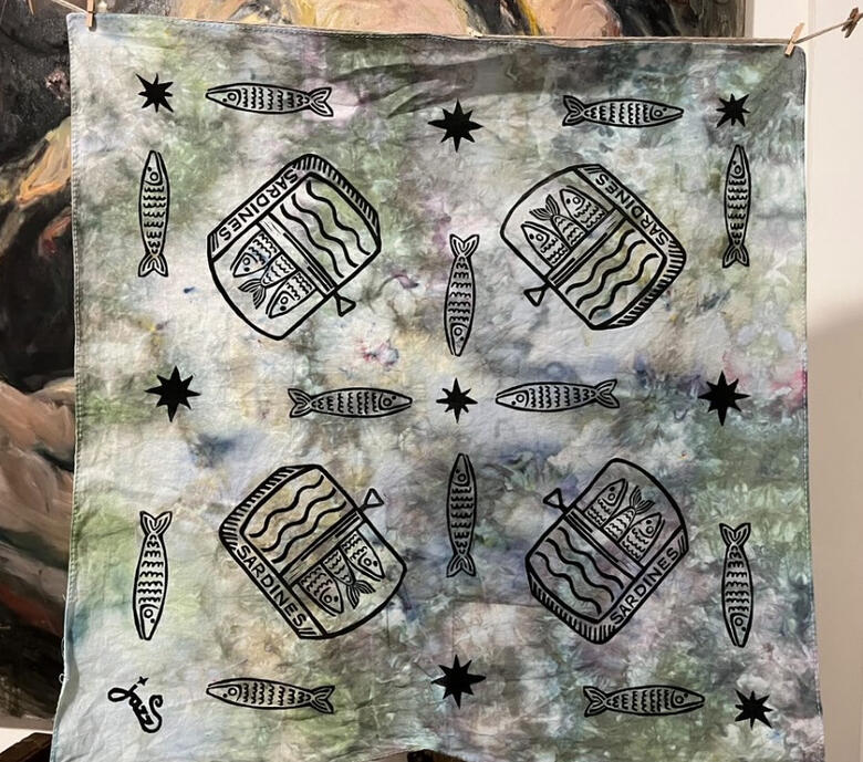 Sardine Bandana, linoprint on handmade-dyed cotton