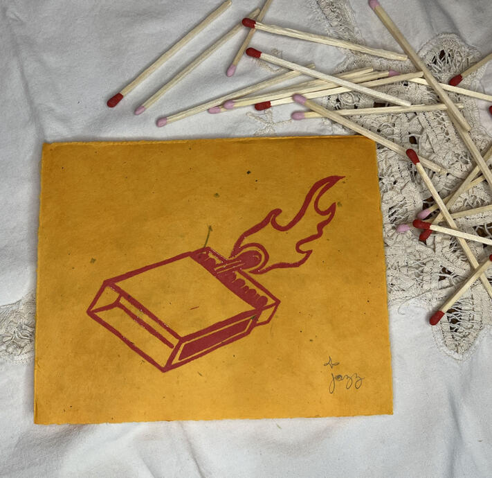 Strike a Match, linoprint on lokta paper